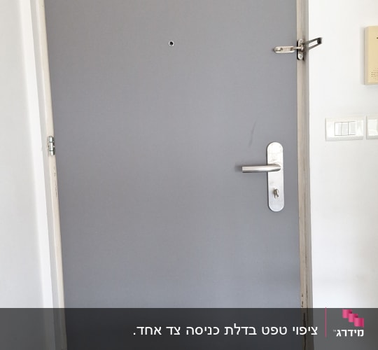 דלת אפורה עם ידית מתכת ובריח עליון
